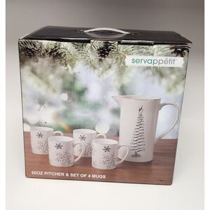 Servappetit Christmas Snowflake 60 oz. Pitcher & 4 Mugs New